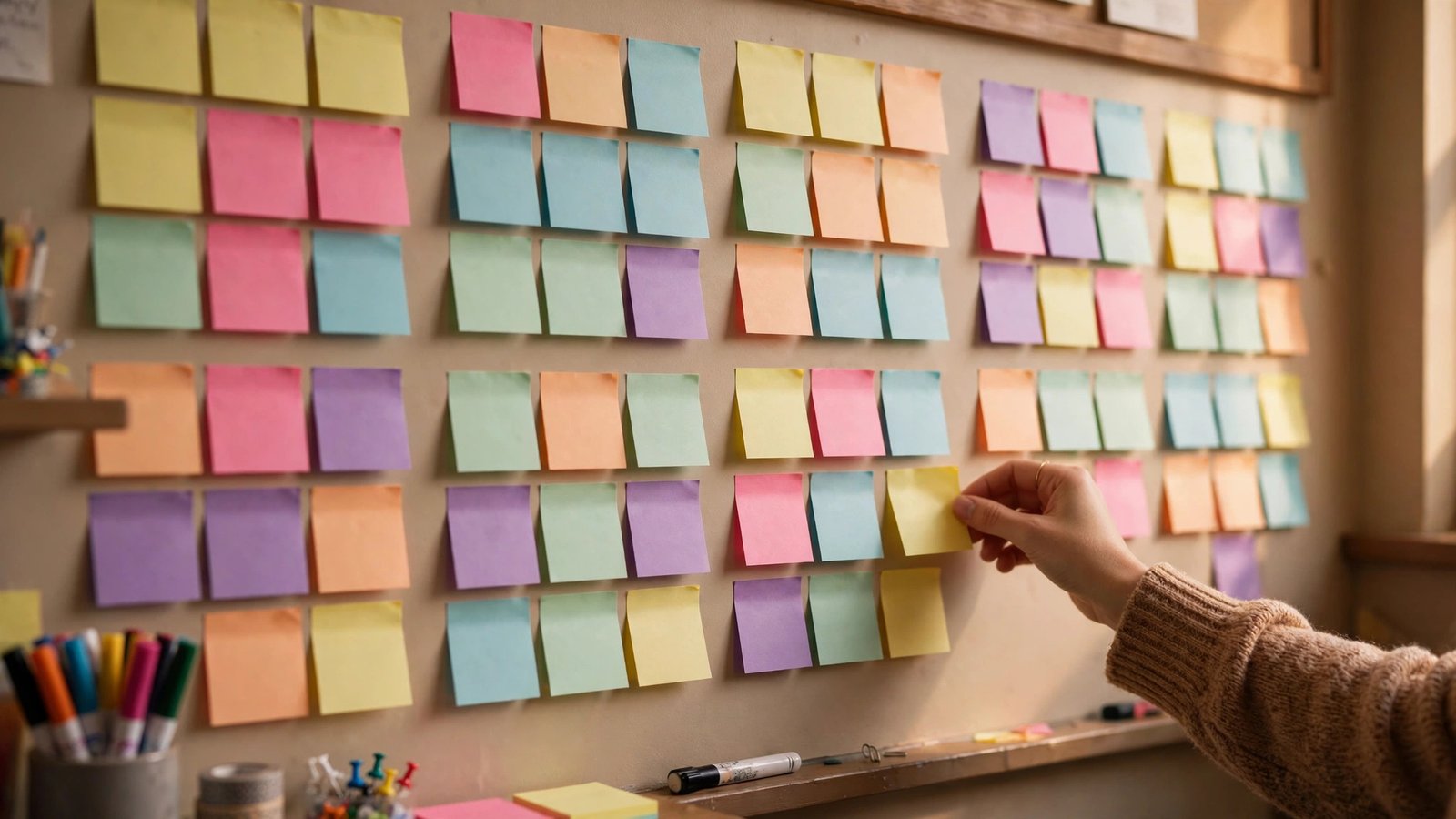 Examples of formative assessment: sticky-note exit responses gathered on a classroom wall after a lesson
