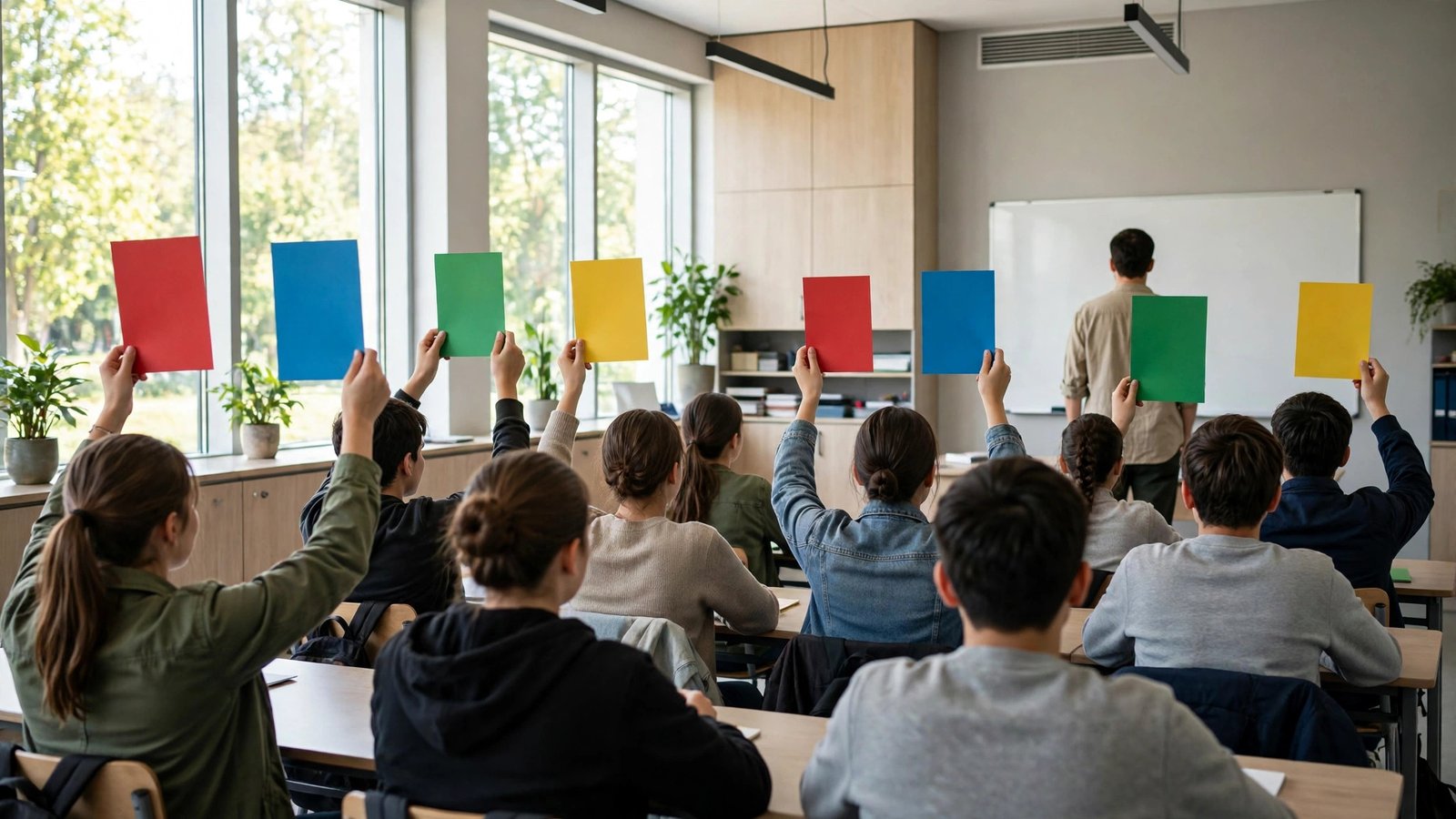 Formative assessment examples: students answering a question with colored response cards