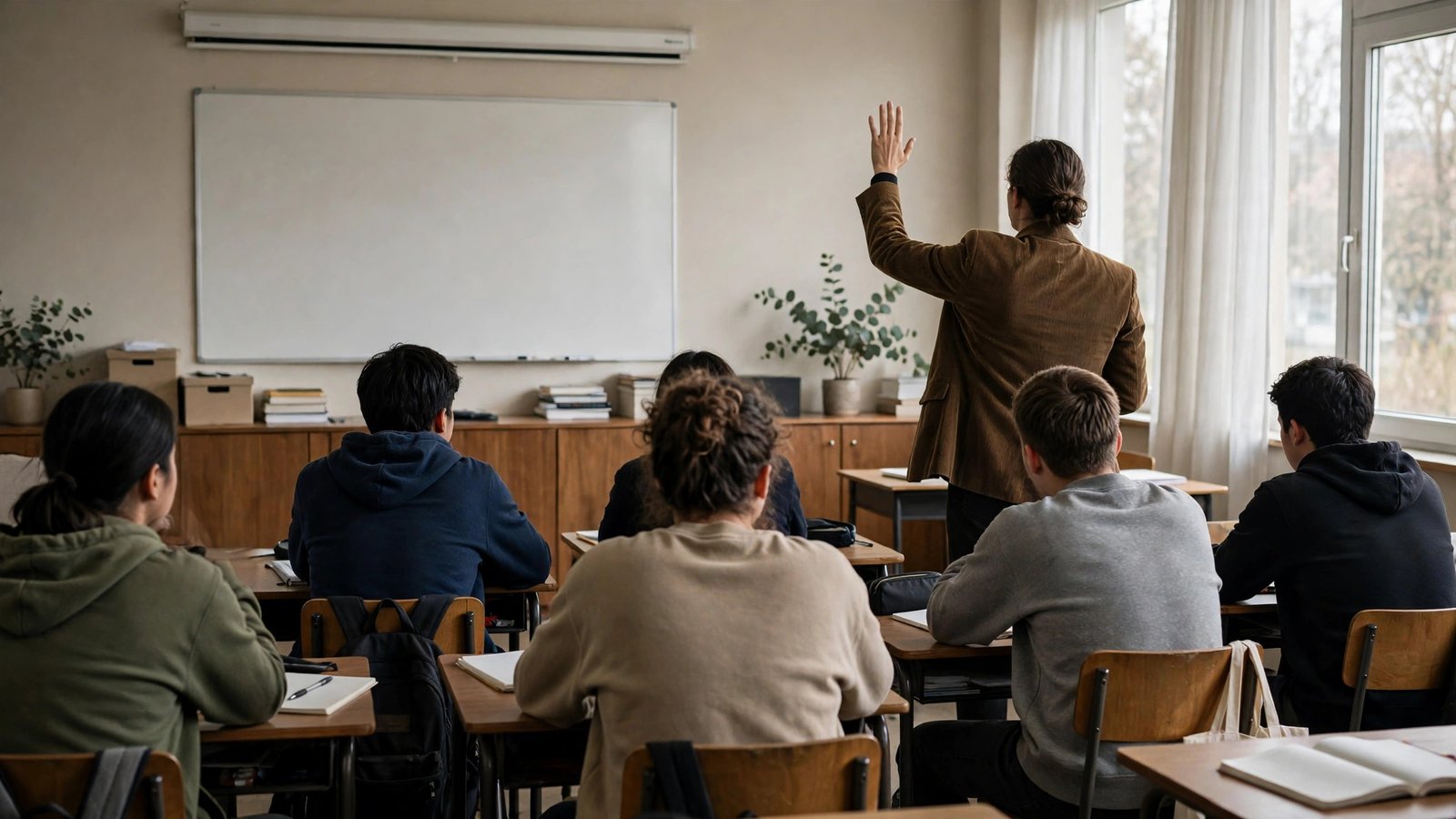 A hinge question moment: a teacher pausing mid-lesson to check the whole class