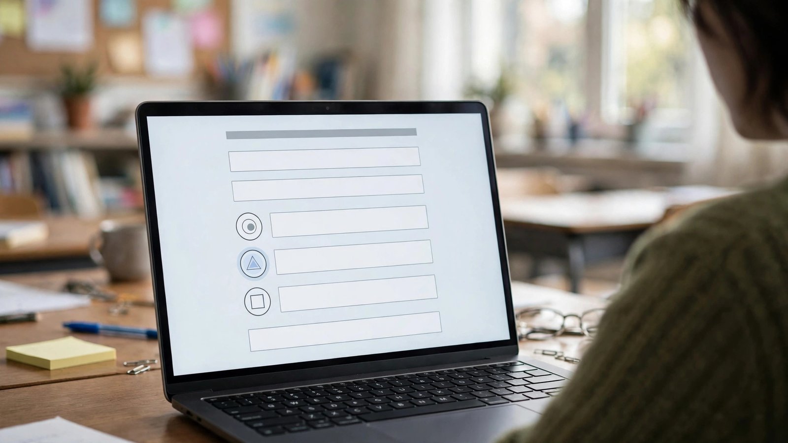 An exit ticket in Google Forms: a short form with multiple-choice answers on a teacher's laptop